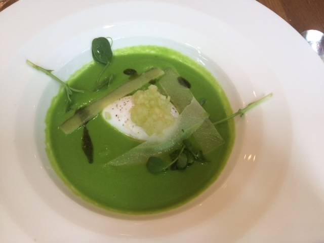 Pea soup and duck egg starter