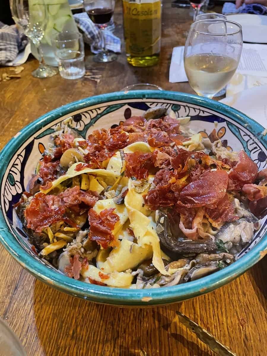 A big bowl of wild mushroom and Parma Ham pasta