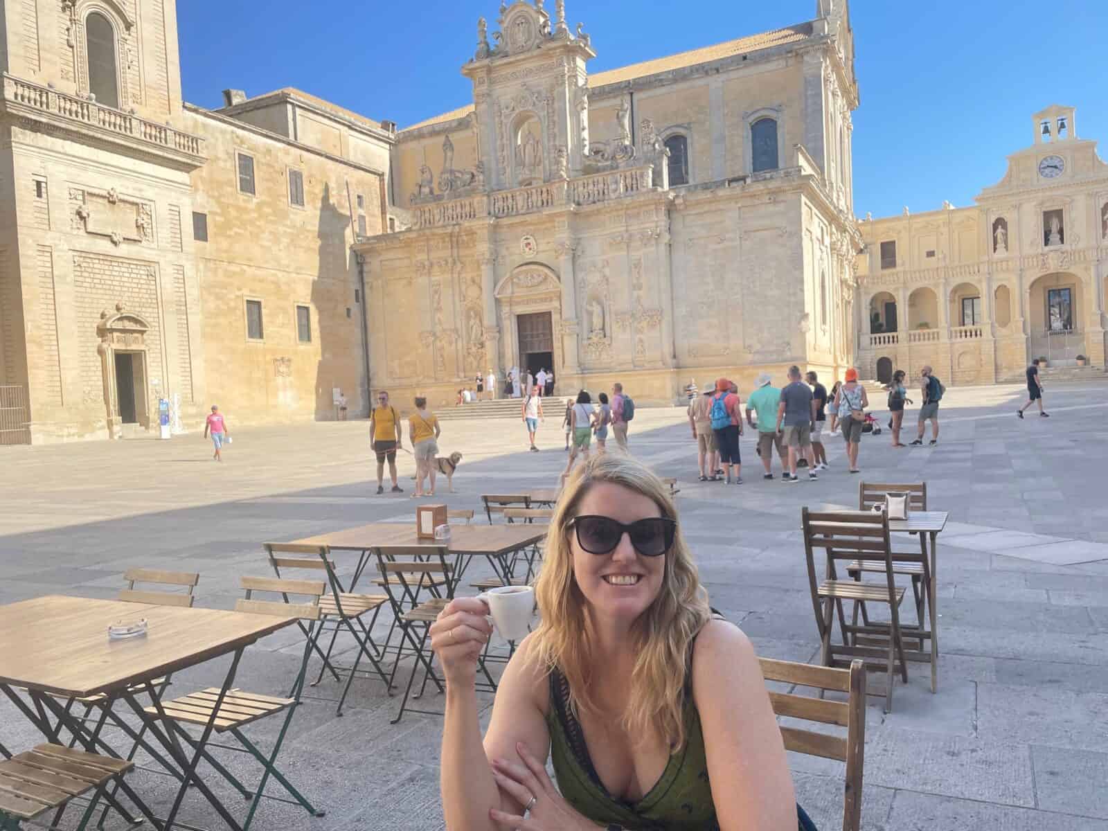 Drinking coffee in Lecce by the cathedral